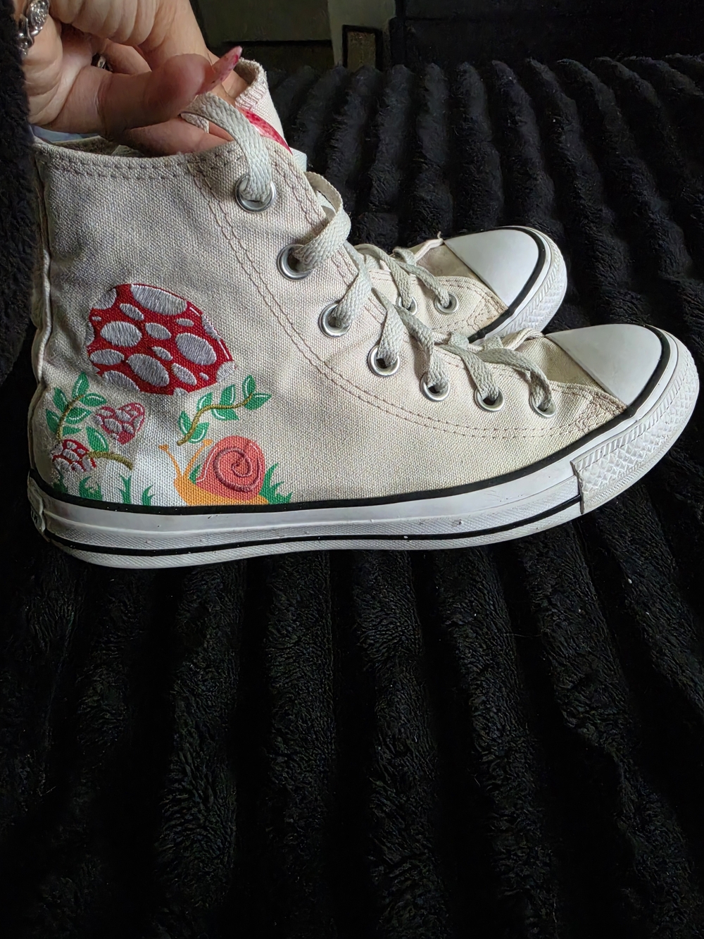 Converse Cream High-Top Sneakers with Red & Green Mushroom Artwork